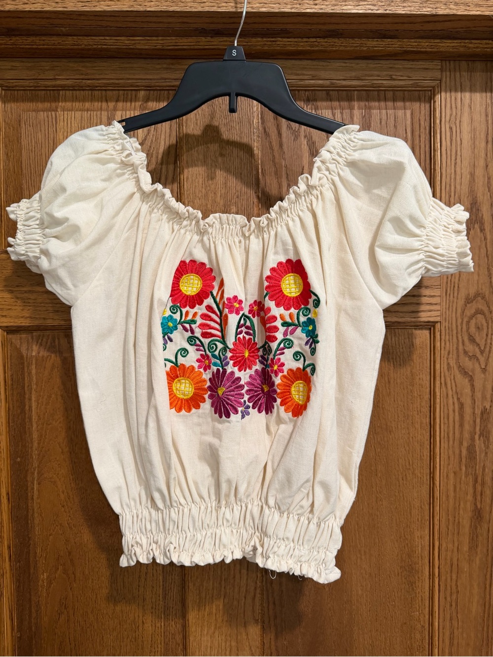 Embroidered Off-Shoulder Peasant Top - Cream with Multicolor Floral